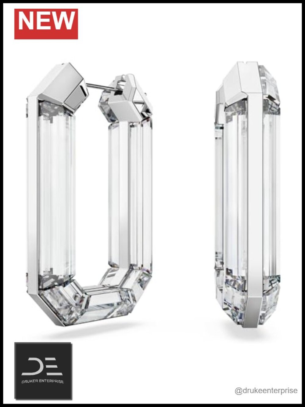 Swarovski Lucent Hoop Earrings Statement Octagon Crystal Pierced Rhodium